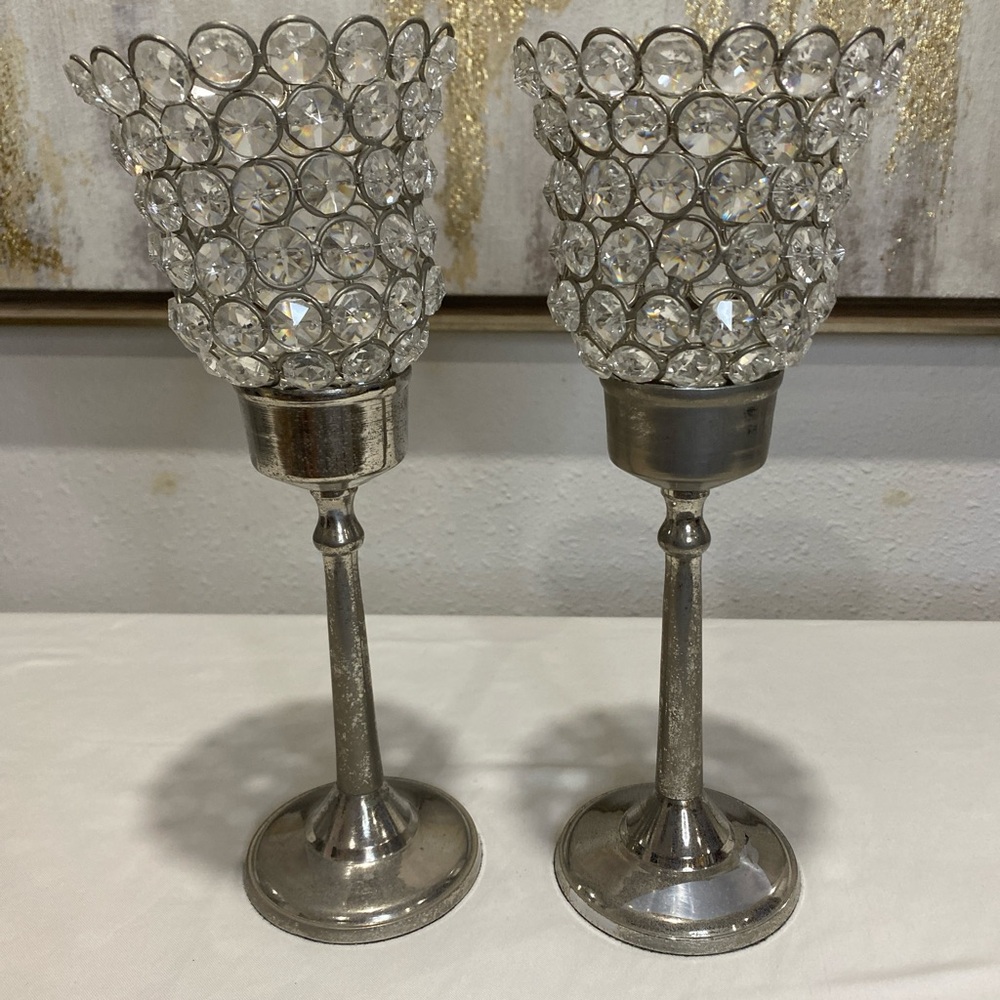 2 Elegant Silver Crystal Candle Holders ⭐️
